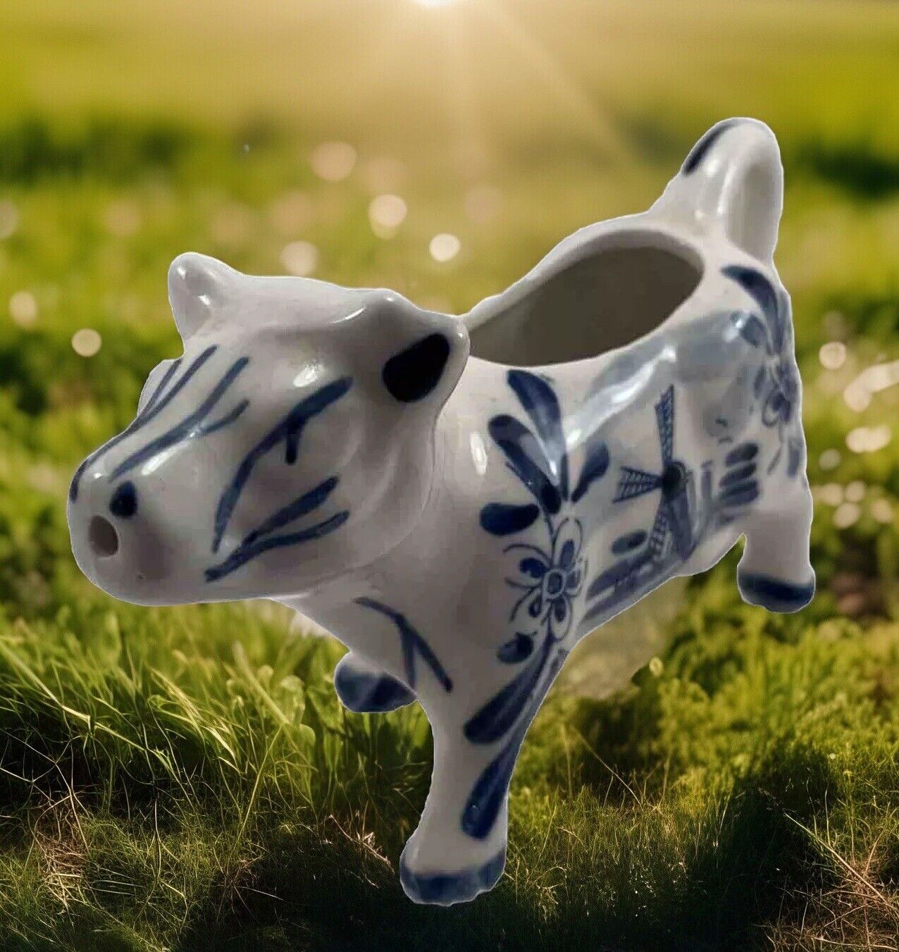 Delft Blue And White Cow Creamer Pitcher Dutch Windmill Hand Painted VTG Kitschy