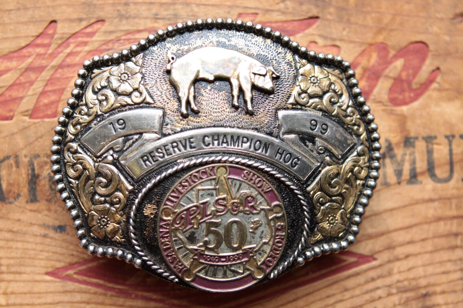Vtg ADM Res Champion Hog 1999 PLSR Pasadena Live Stock Show & Rodeo Belt Buckle