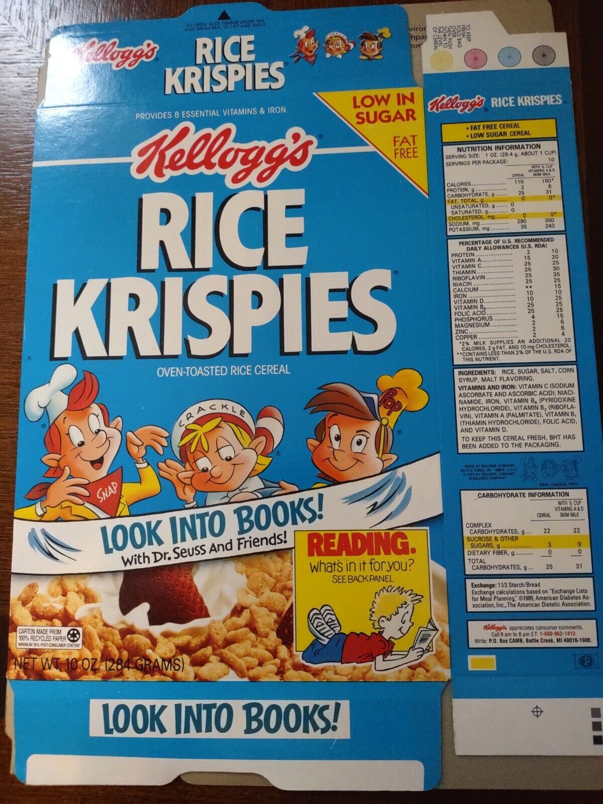 1993 Kelloggs Rice Krispies empty cereal box NEW unused ~Look into books Dr Seus
