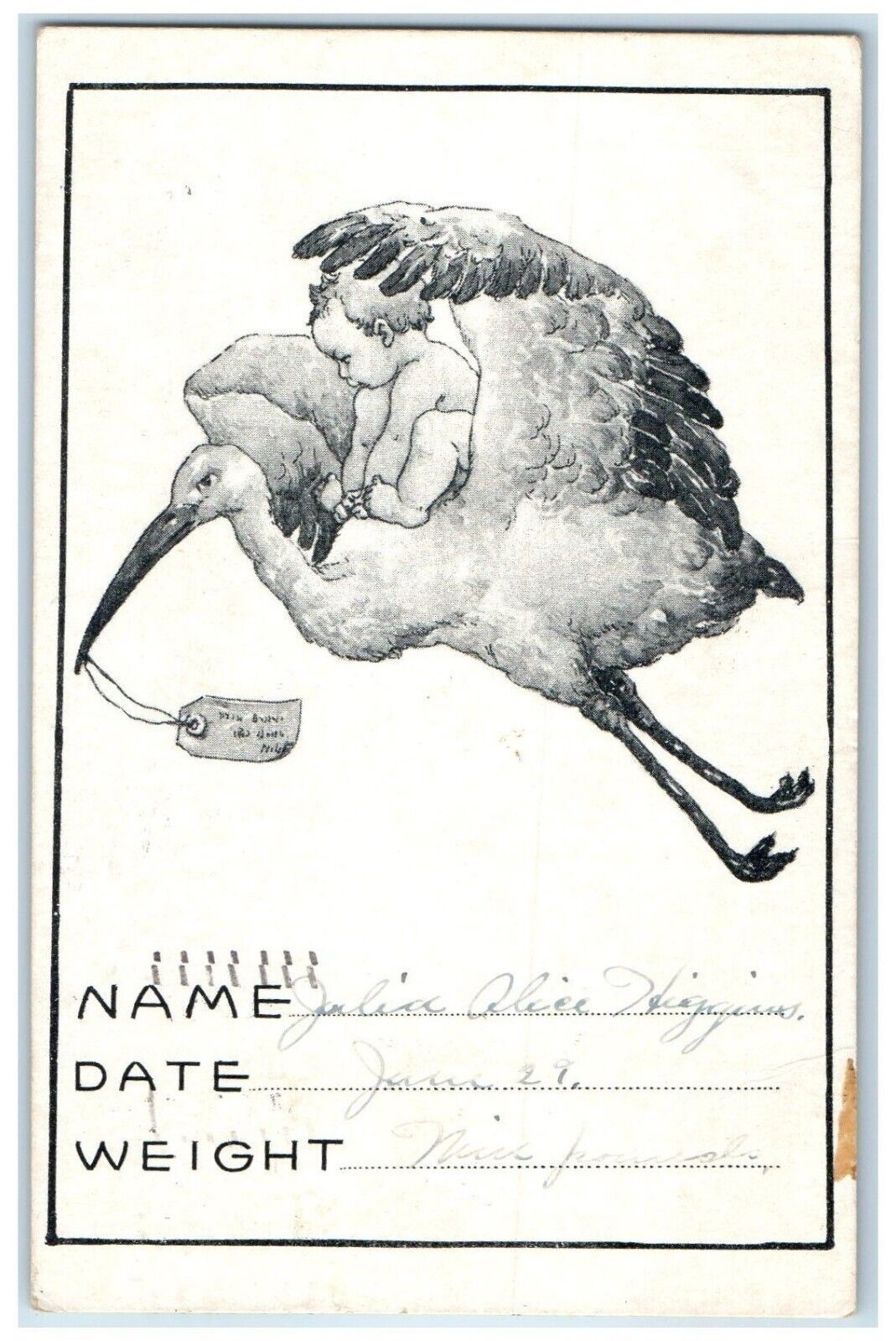1914 Stork Delivering Baby Wichita Kansas KS Posted Antique Postcard