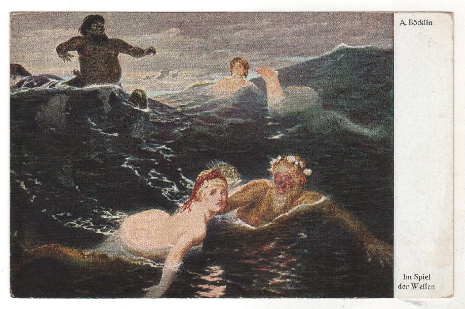Antique Postcard MERMAIDS I'm playing the waves. Arnold Böcklin GERMANY Old card