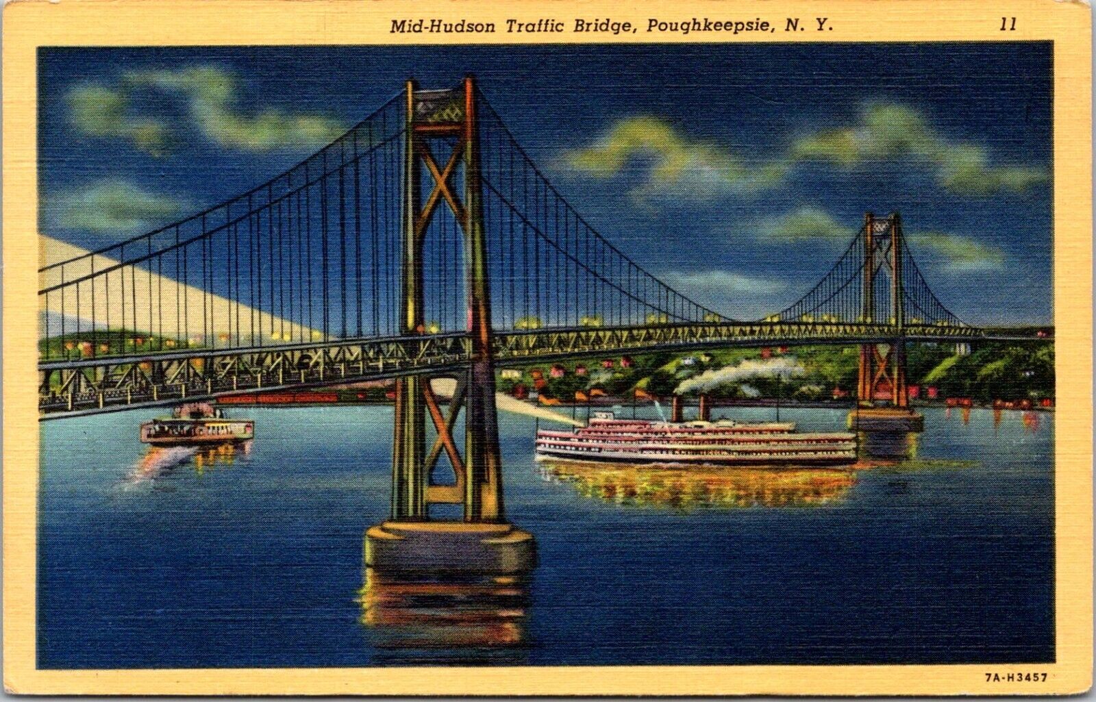 Poughkeepsie NY Bridge Night Ship Ferry Reflection 1937 Teich Linen Postcard UNP