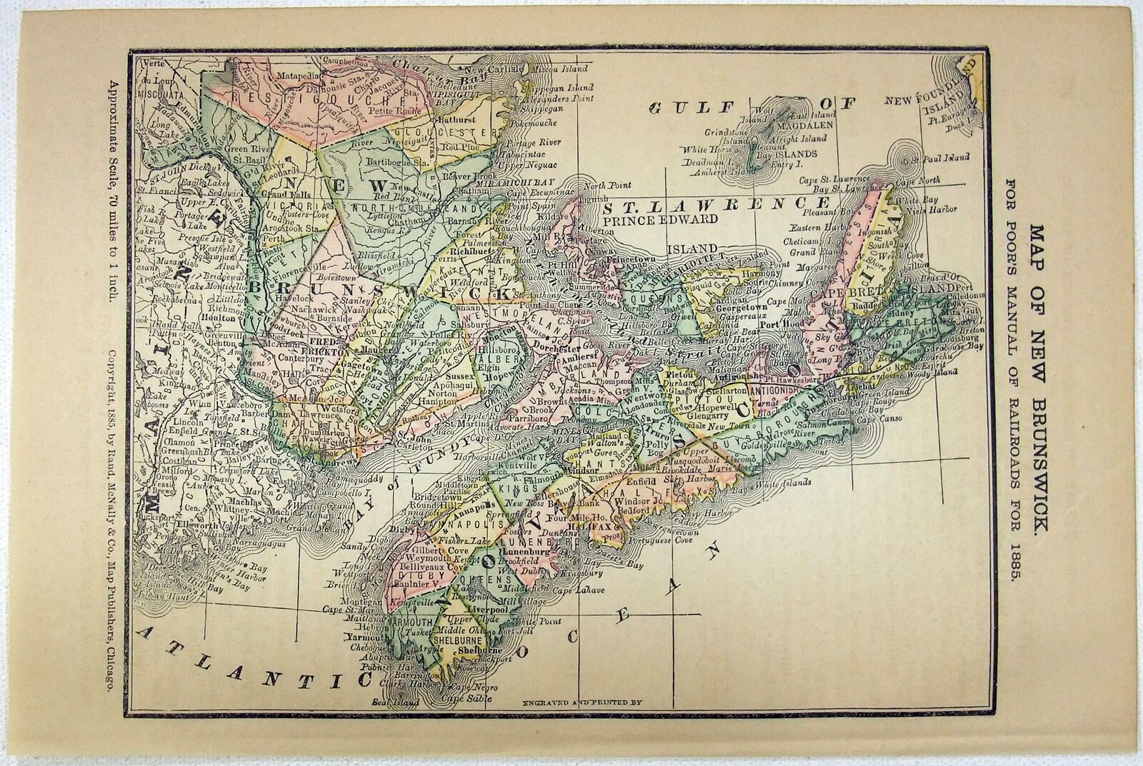 Original 1885 Railroad Map of New Brunswick, Canada by Rand McNally. Antique