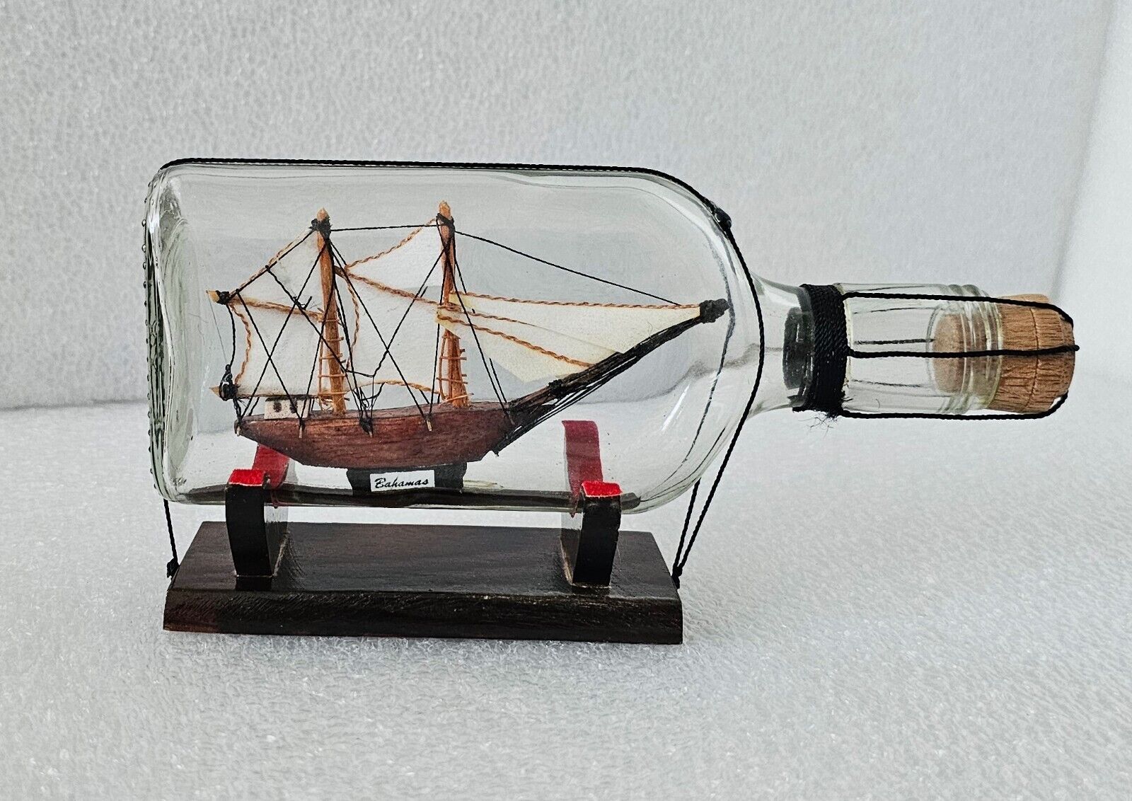 Ship in a Bottle Vintage Souvenier from The Bahamas on a Stand 8\