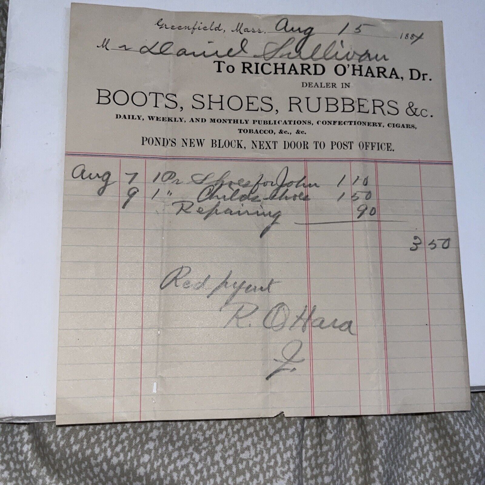 1884 Richard O’Hara Boot Shoes Letterhead Invoice Pond’s New Block Greenfield MA