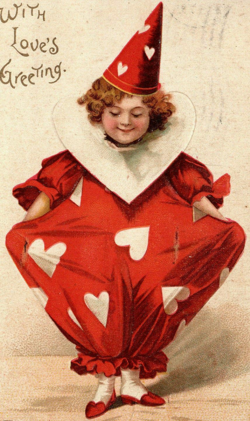 Valentine Clown Clapsaddle Unsigned Postcard Hearts Girl Lightly Embossed