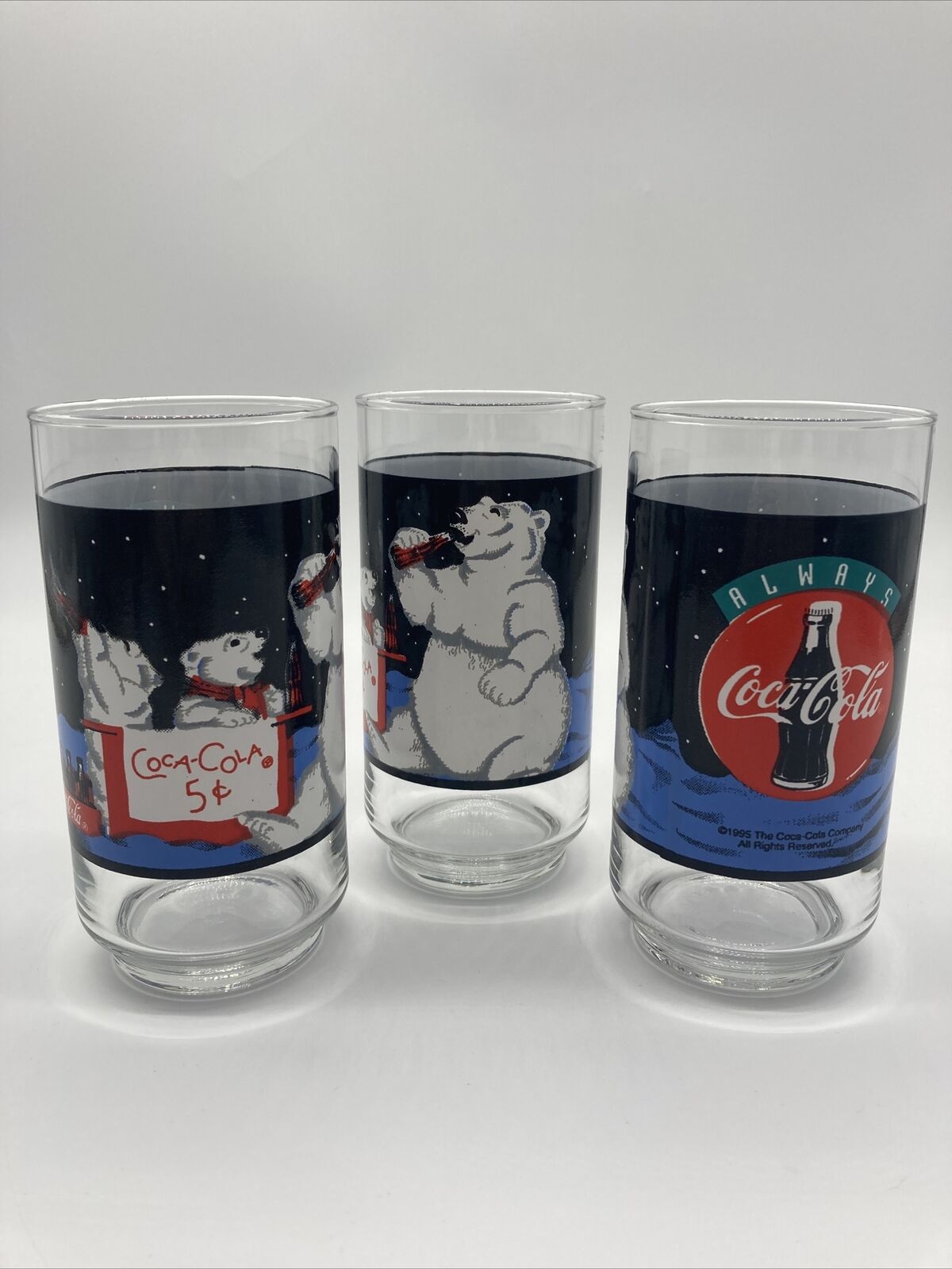 Lot of 3 VINTAGE Coca-Cola 1995 Drinking Glass Always Cool Polar Bear Coca Cola
