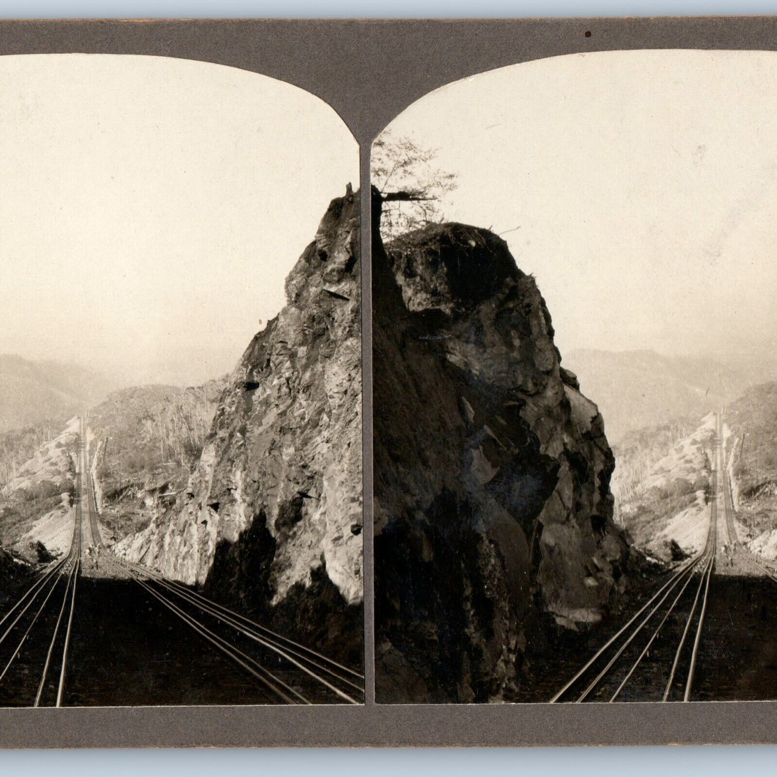 c1900s RARE Unknown Mountain Odd Railway Occupational Real Photo Stereo Card V17