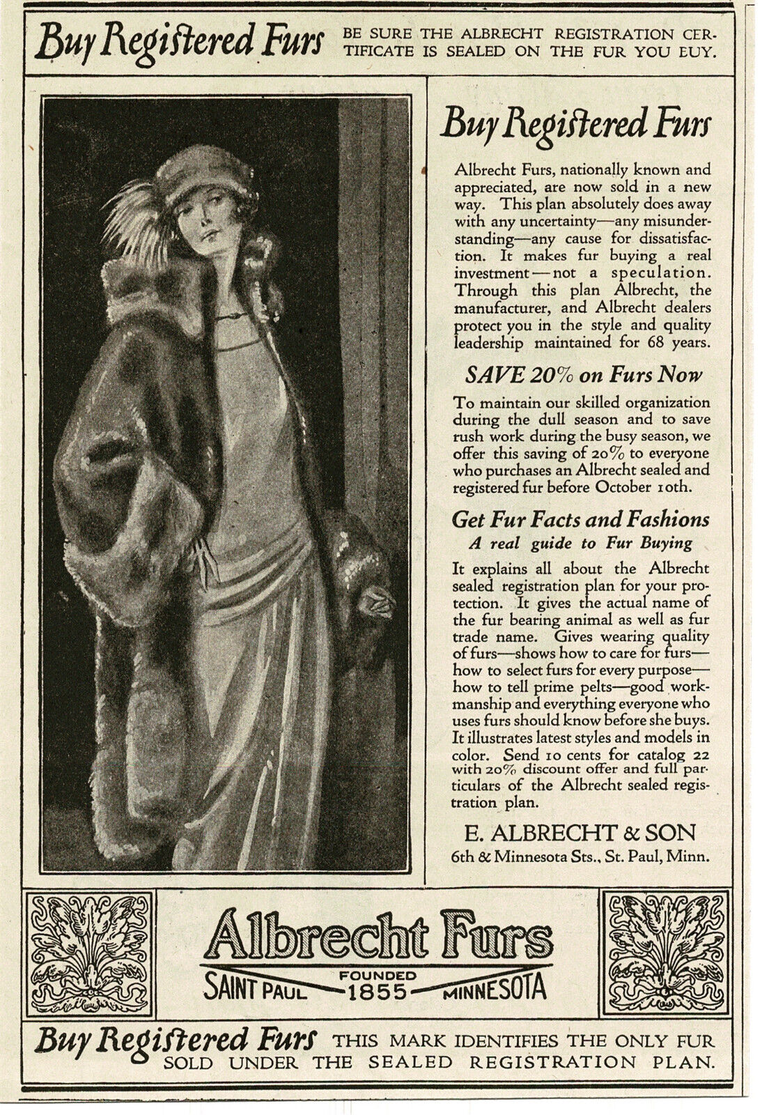 1923 ALBRECHT FURS Fur Coats garments 1920s Women\'s Fashion Vintage Print Ad