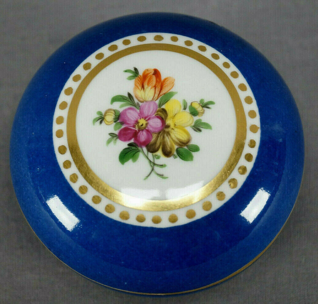 Nymphenburg Hand Painted Floral Blue & Gold Small Round Trinket / Powder Box