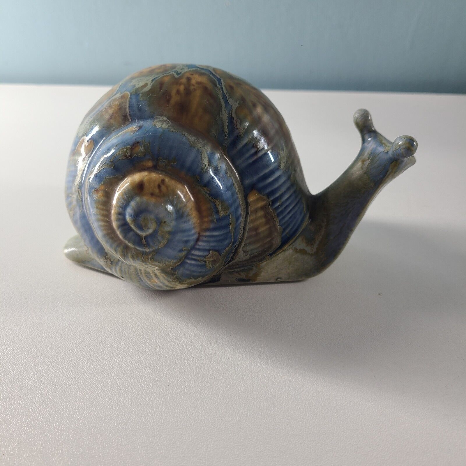 Ceramic Pottery Snail Figurine Vintage  Glaze Blue 