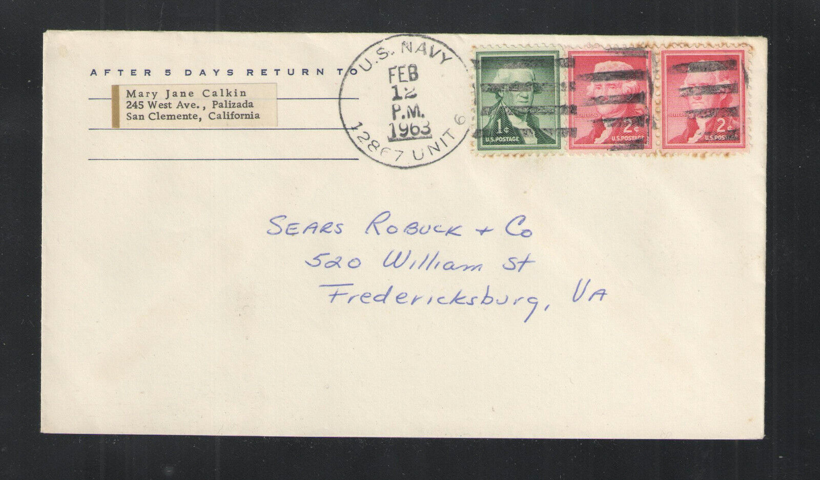 1963 US NAVY 12867 UNIT 6 CANCEL MILITARY COVER