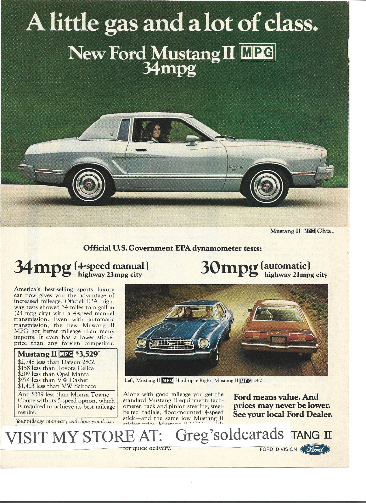 1975 Ford Mustang II Ghia and MPG print ad:  \