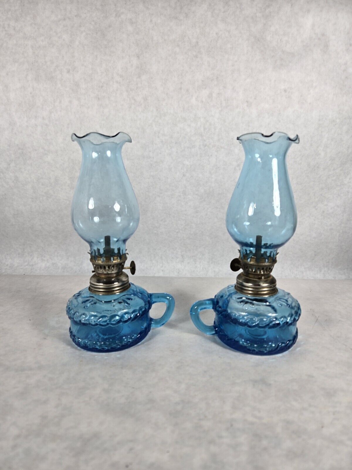 Pair 2 Vintage Blue Finger Hurricane Oil Lamp With Globe Hong Kong 7.5\
