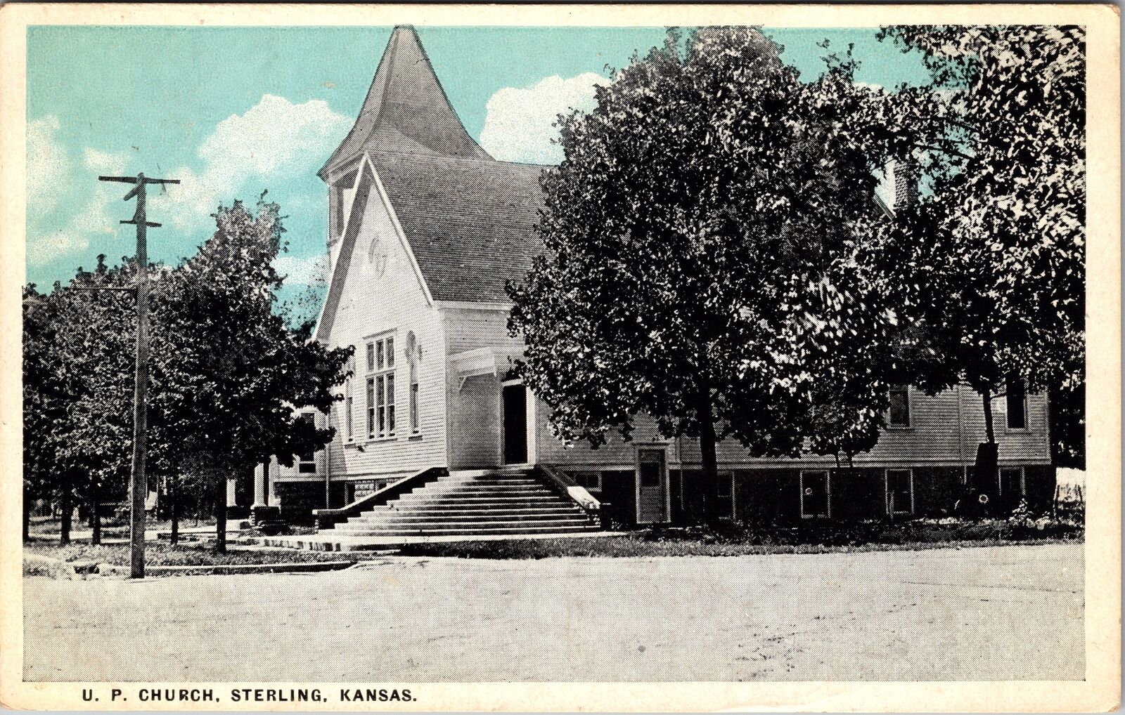 Sterling KS-Kansas, U.P. Church, Exterior, Trees, Entrance, Vintage Postcard