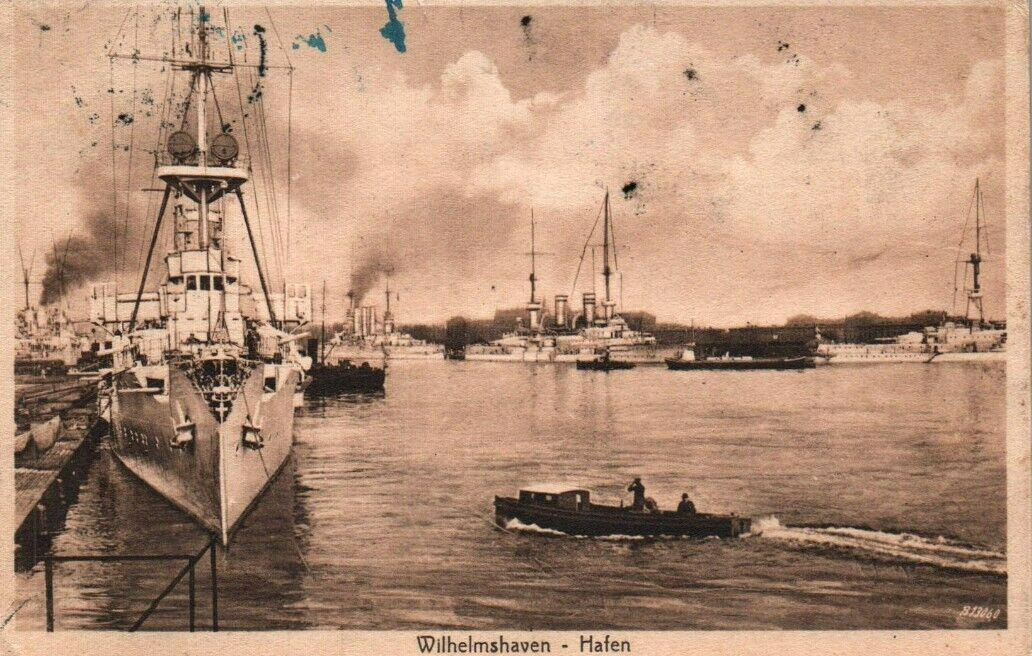 German Navy WWI Postcard c.1910s Ships in Harbor at Wilhelmshaven Naval Base