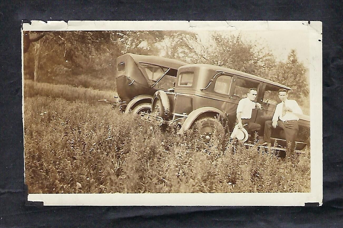 c1920s-30s, Photo of 2 Antique Cars in a Field with 2 Men Standing By Cars