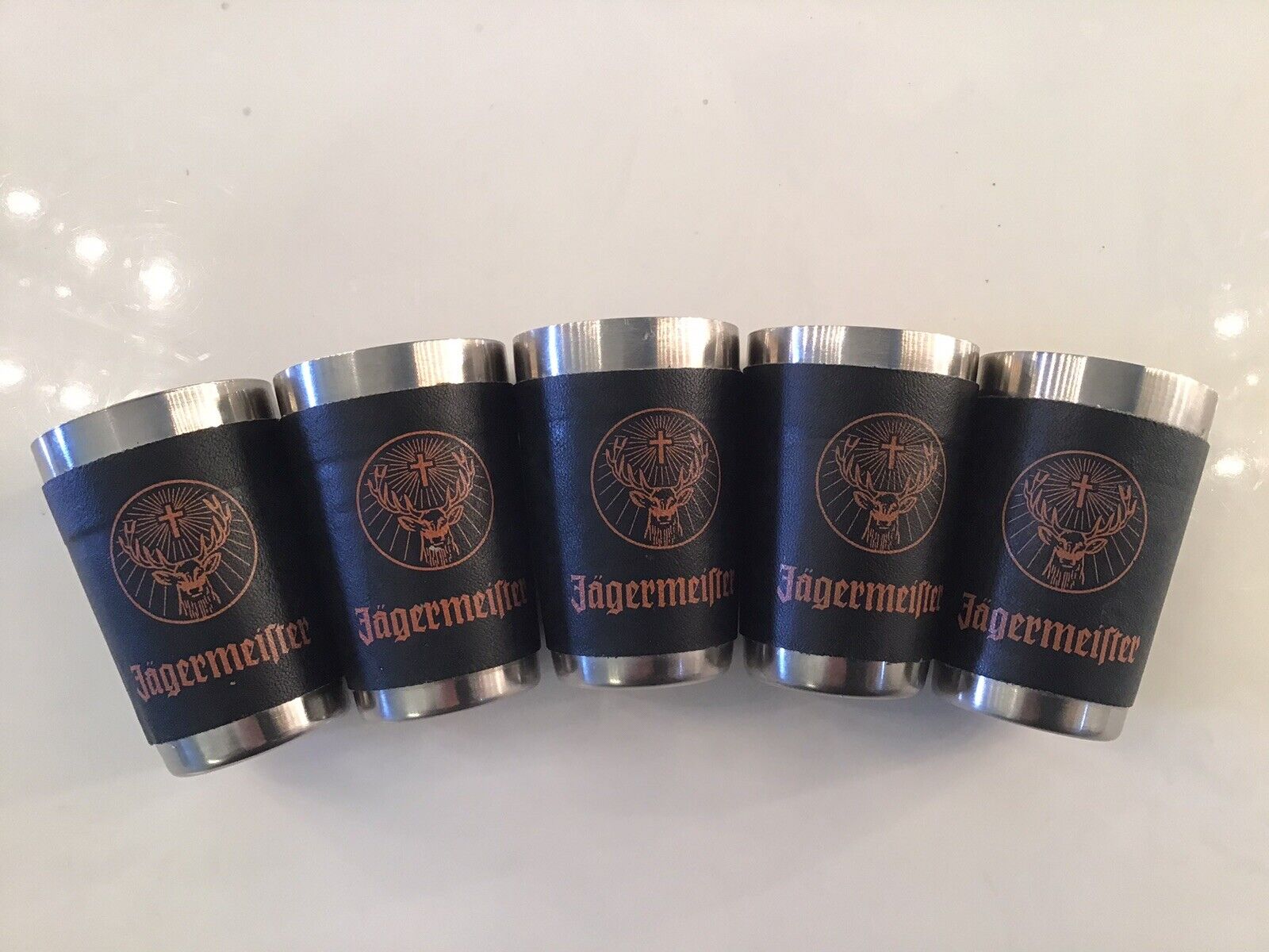 5 Lot Jagermeister Shot Glasses Stainless Steel Black Vinyl Faux Leather VGC