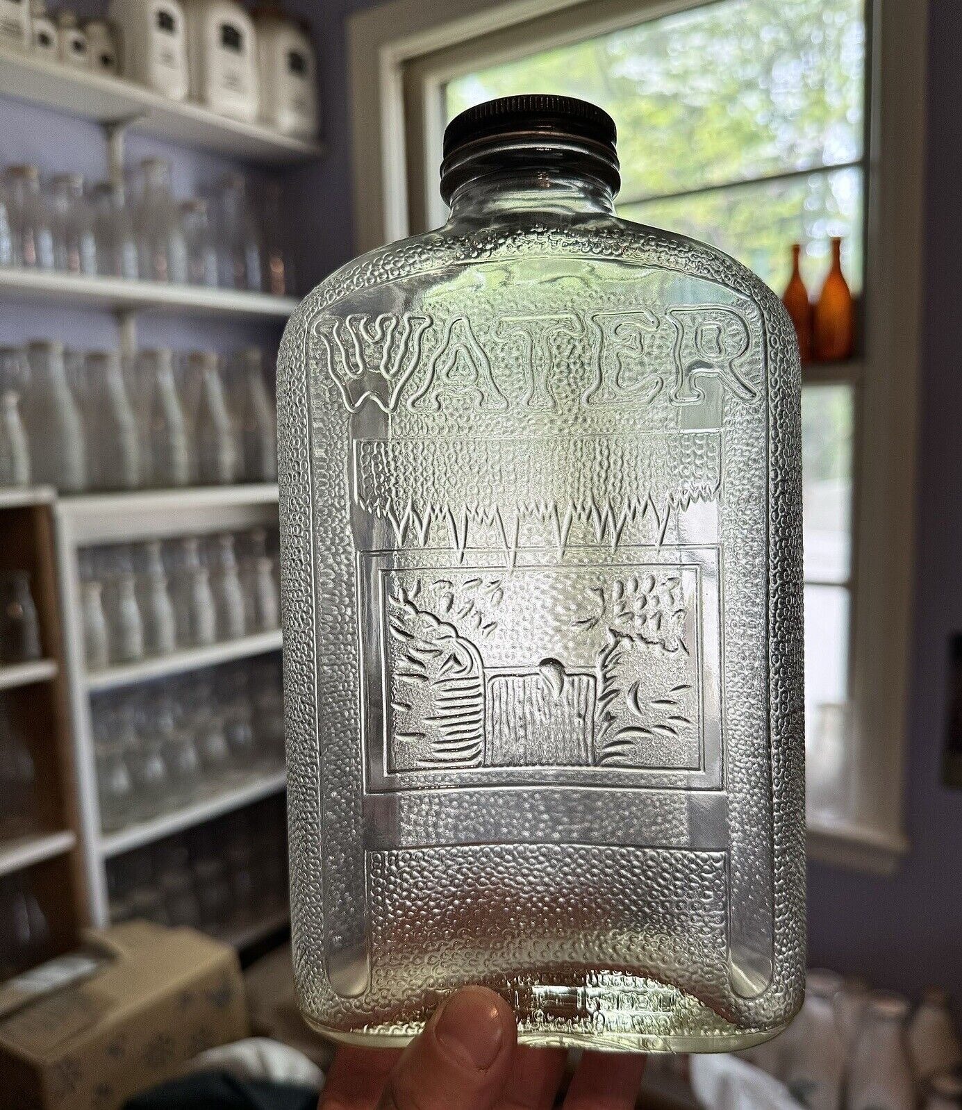 Fancy Antique Pictorial Refrigerator Water Bottle Embossed 1930s Original Lid