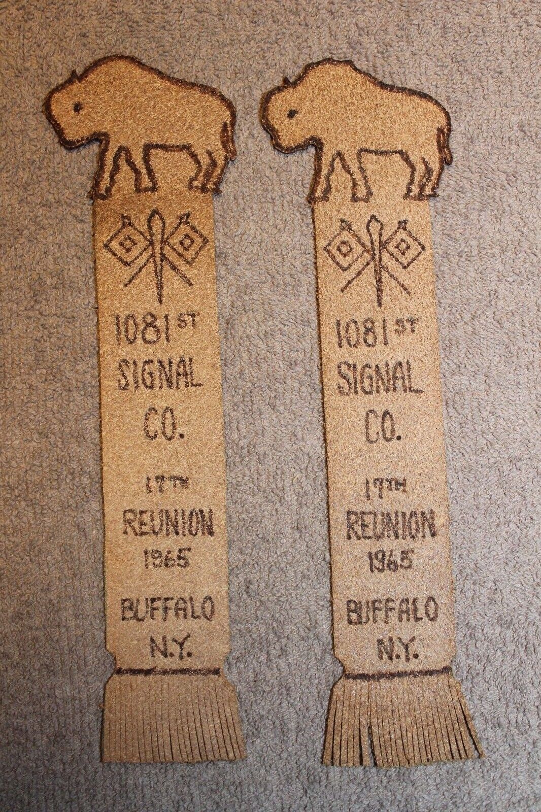 Two Original WW2 U.S. Army 1081st Signal Co. Reunion Leather Book Marks, 1965 d 