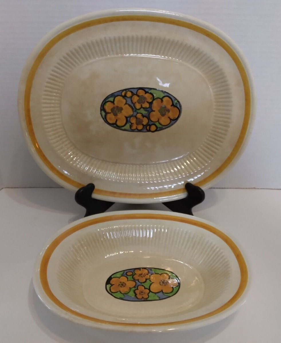 Antique Ridgways Hand Painted Bedford Ware Serving Platter and Bowl Set Flowers