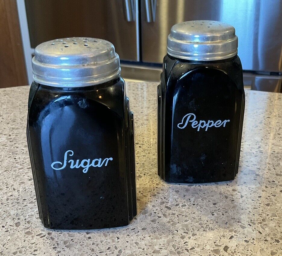 Vintage McKee Black Glass Amethyst Retro Roman Arch Sugar and Pepper Shakers