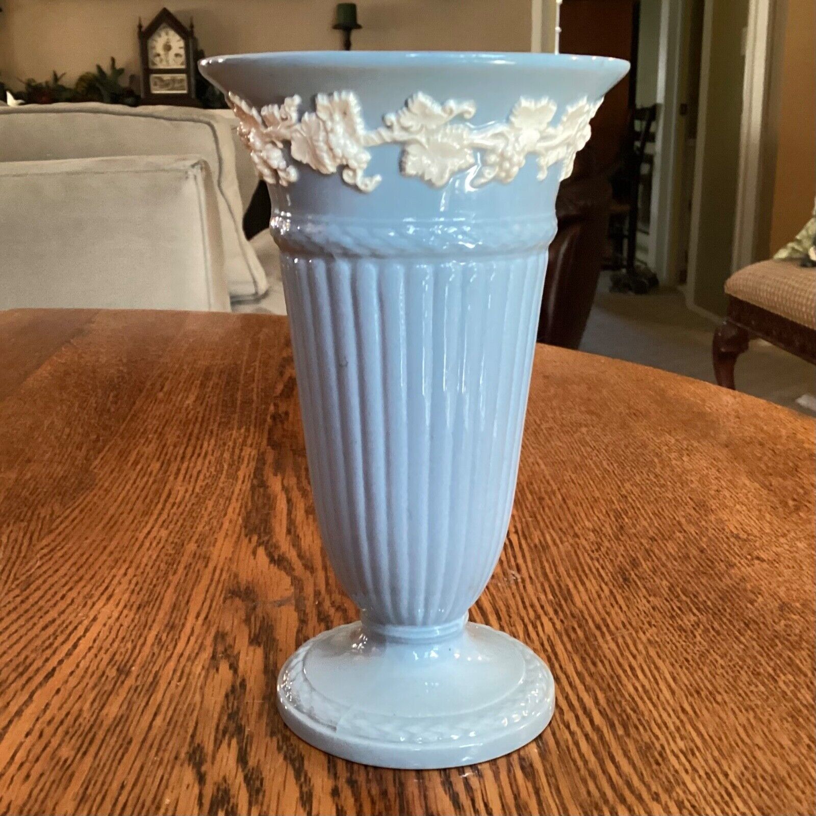 Vintage Wedgwood Etruria & Barlaston Embossed Queens Ware Cream on Blue Vase
