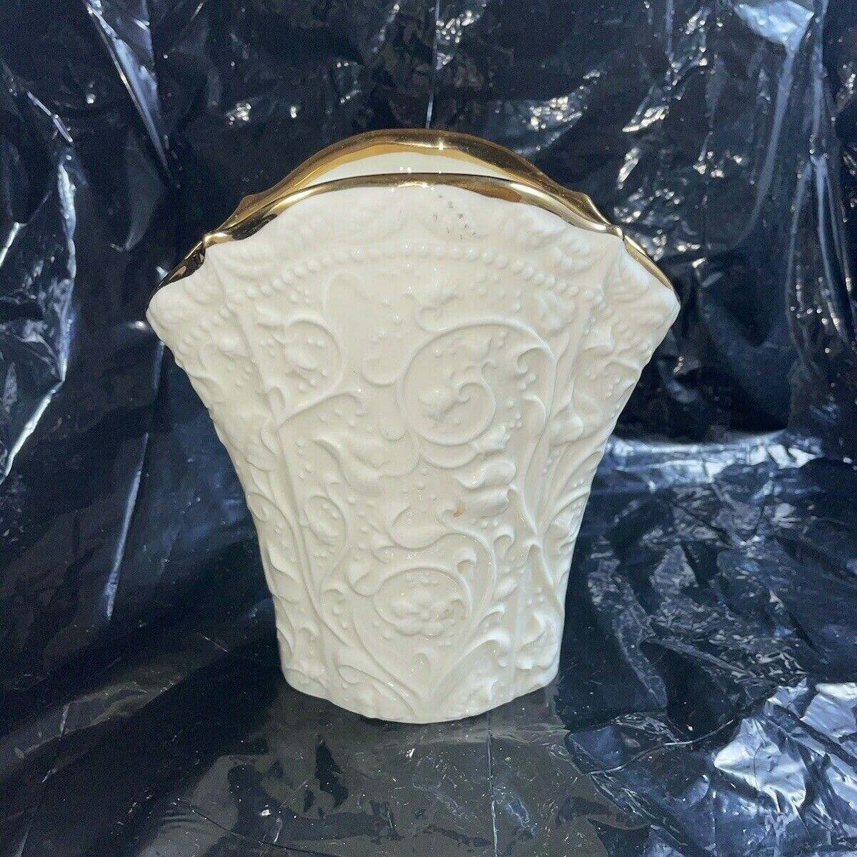 Lenox Small Cream Color Vase with Raised Floral Design 6 1/4\