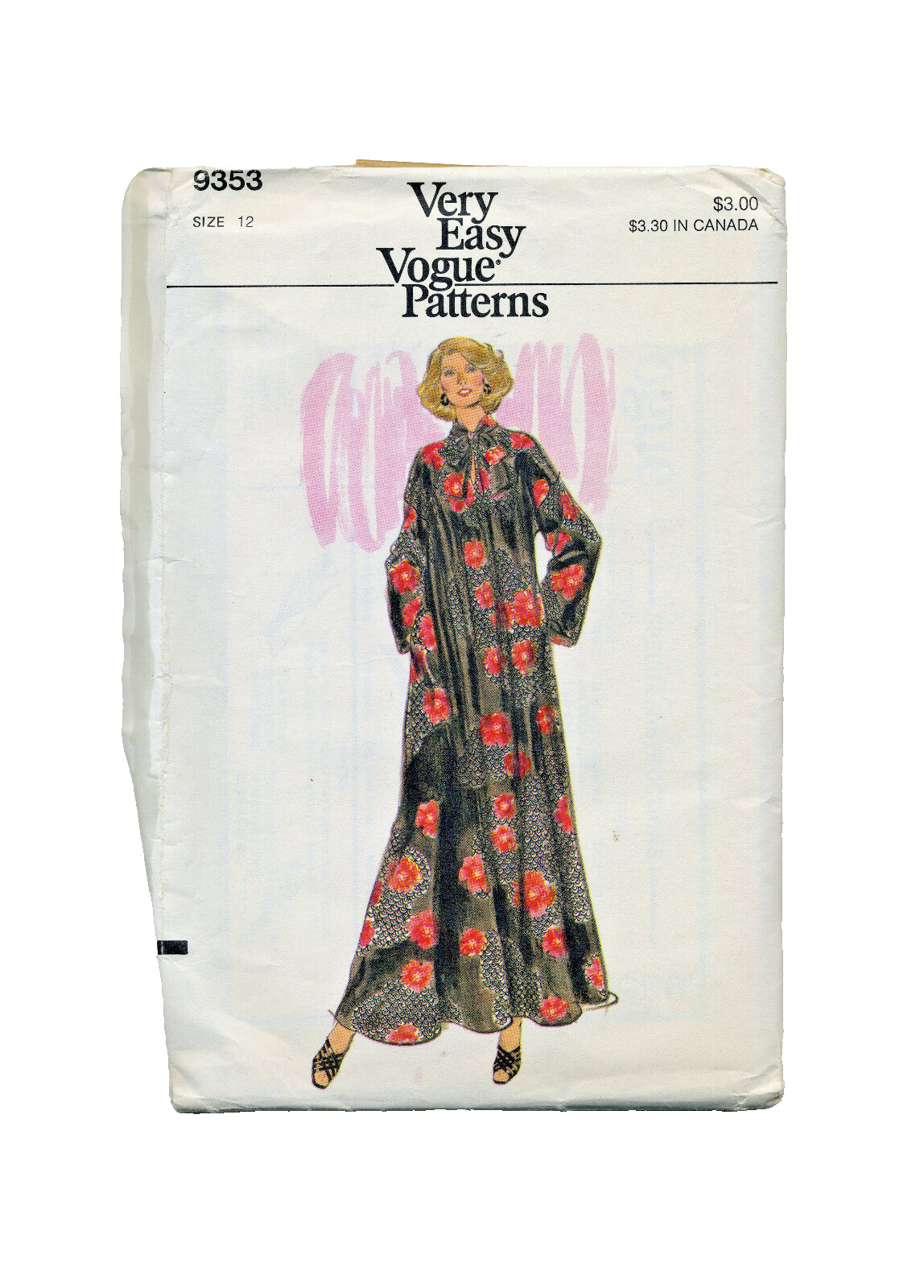 Vogue 9353 Caftan Size 12 Evening Length Pockets Wide Long Sleeves Neckline Slit