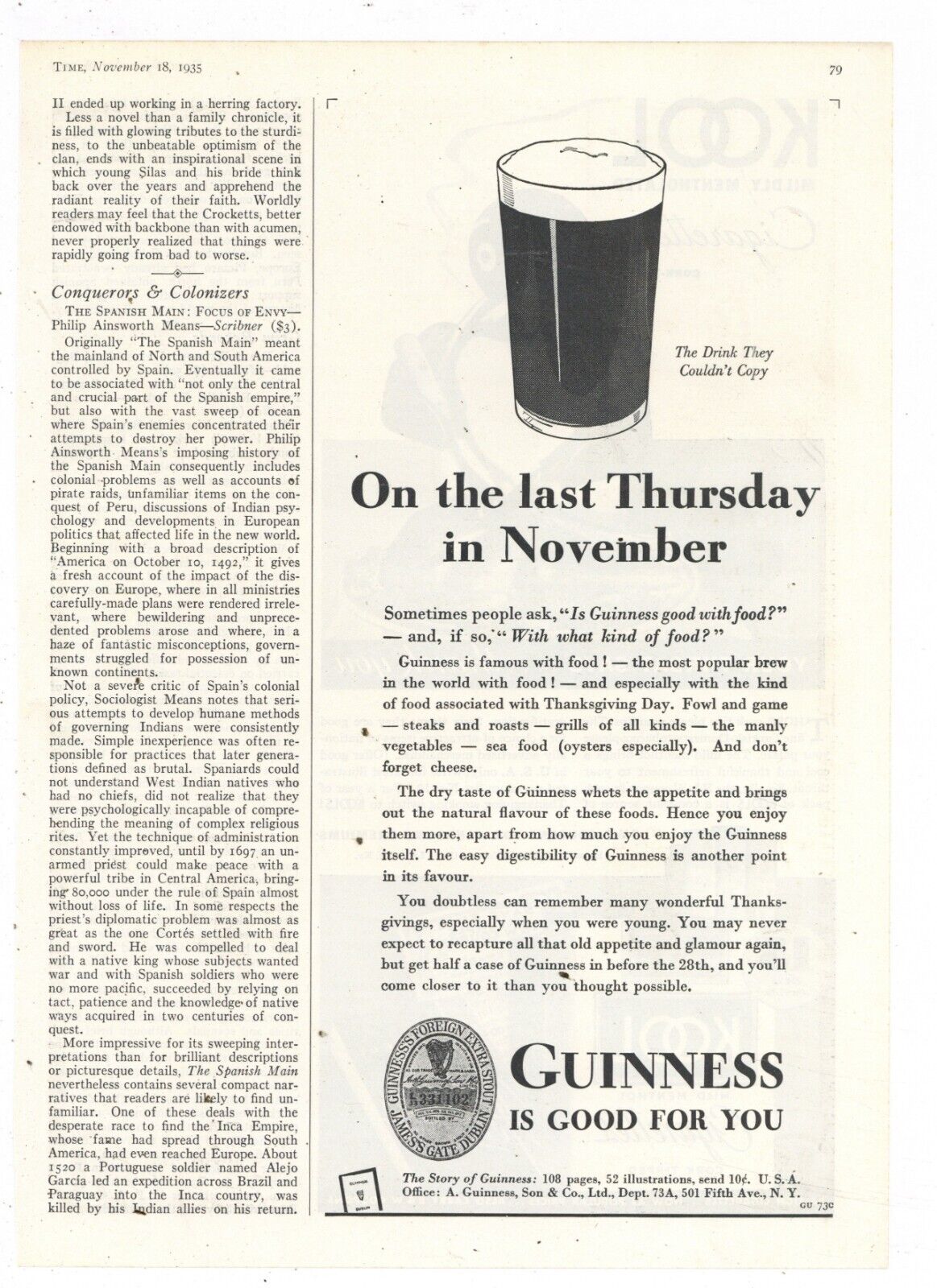 1935 Guinness Beer Print Ad: On the Last Thursday in November - Thanksgiving