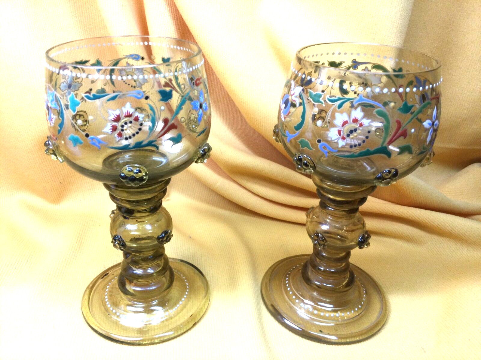 Bohemian Theresienthal Enamel Floral Design Wine Goblets with Prunts