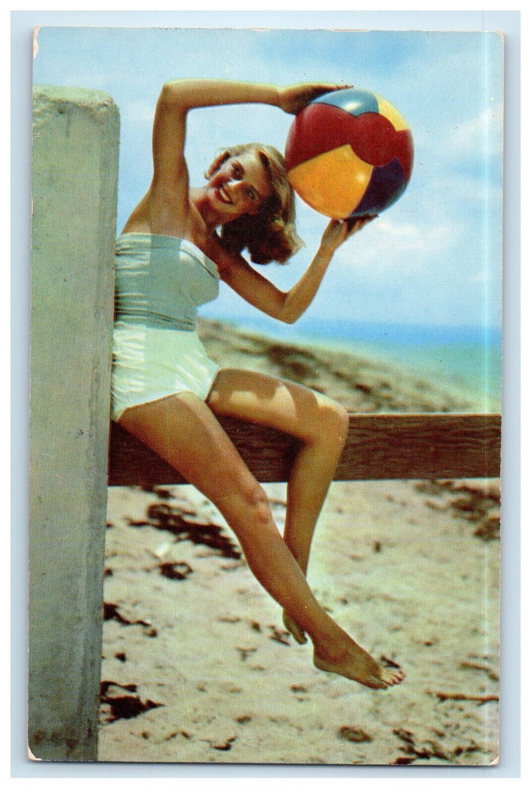 c1930's Beautiful Girl Ball Showing Beach Unposted Vintage Postcard