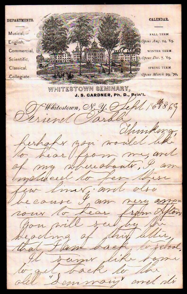 1869 NY - Whitestown Seminary - J S Gardner - Rare Letter Head Bill