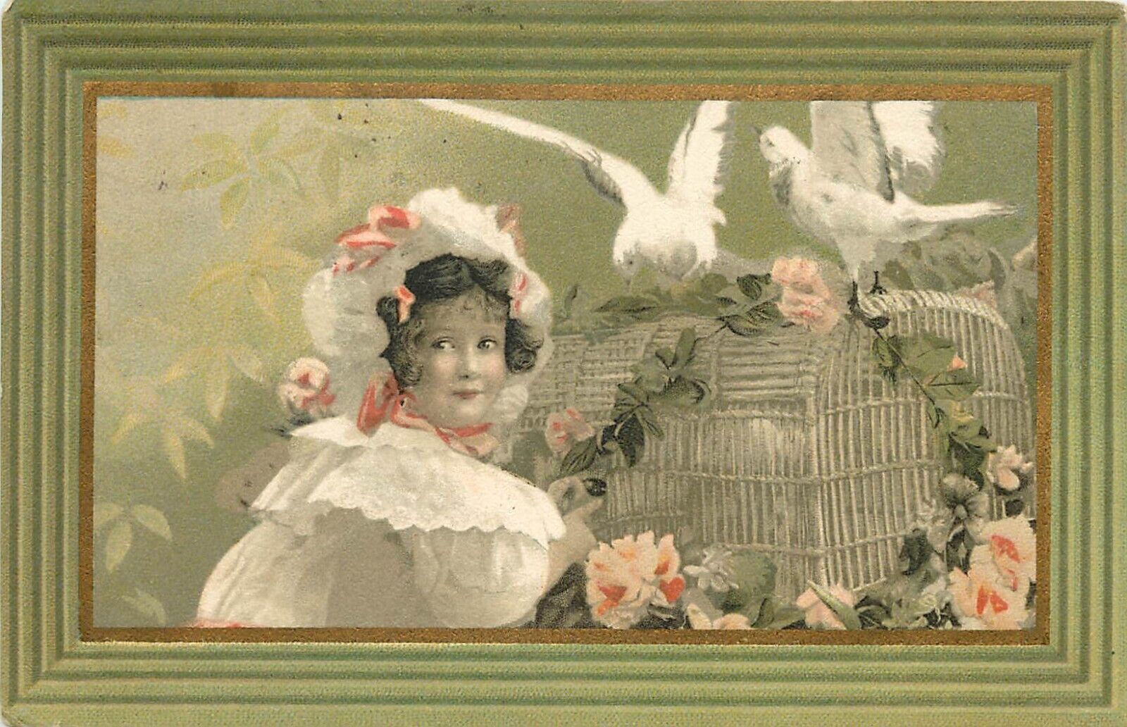 c1908 French Postcard; Pretty Girl in White, Doves on Birdcage, Roses, Kopal 654
