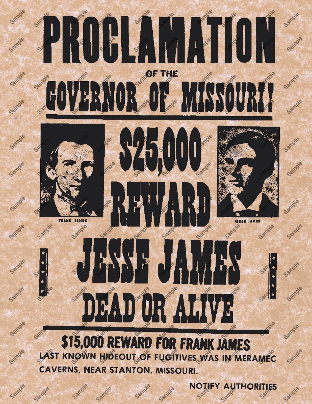 JESSE JAMES $25000 PROCLAMATION WANTED DEAD OR ALIVE REWARD POSTER Wild West 014
