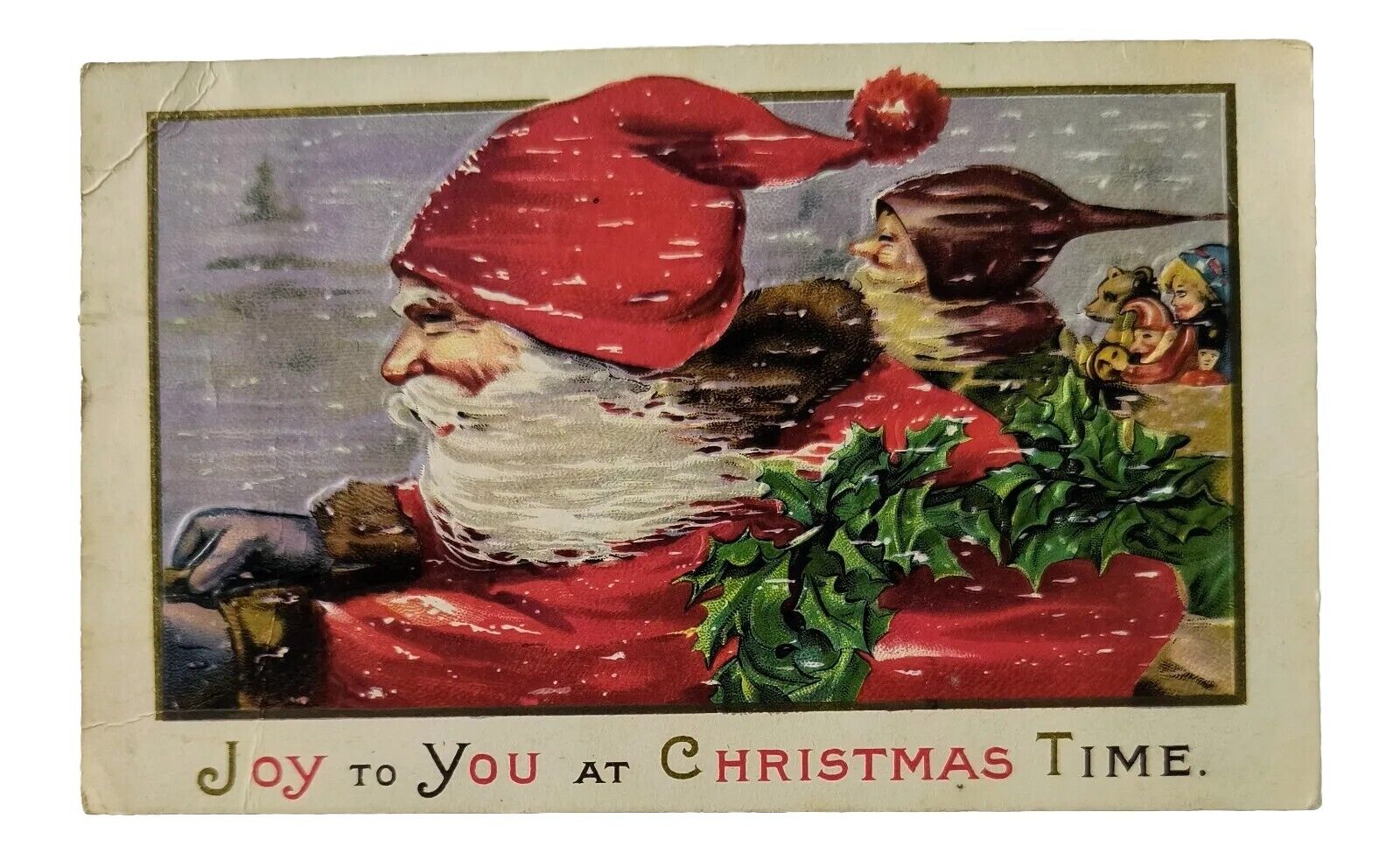 Santa Claus Christmas Postcard Dashing through Snow w/Elf & Pack L5
