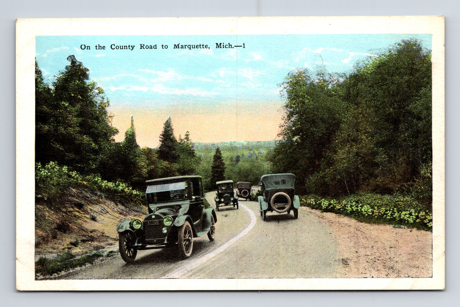 Old Cars on the County Road Dead Man\'s Curve Negaunee Rd Marquette MI Postcard