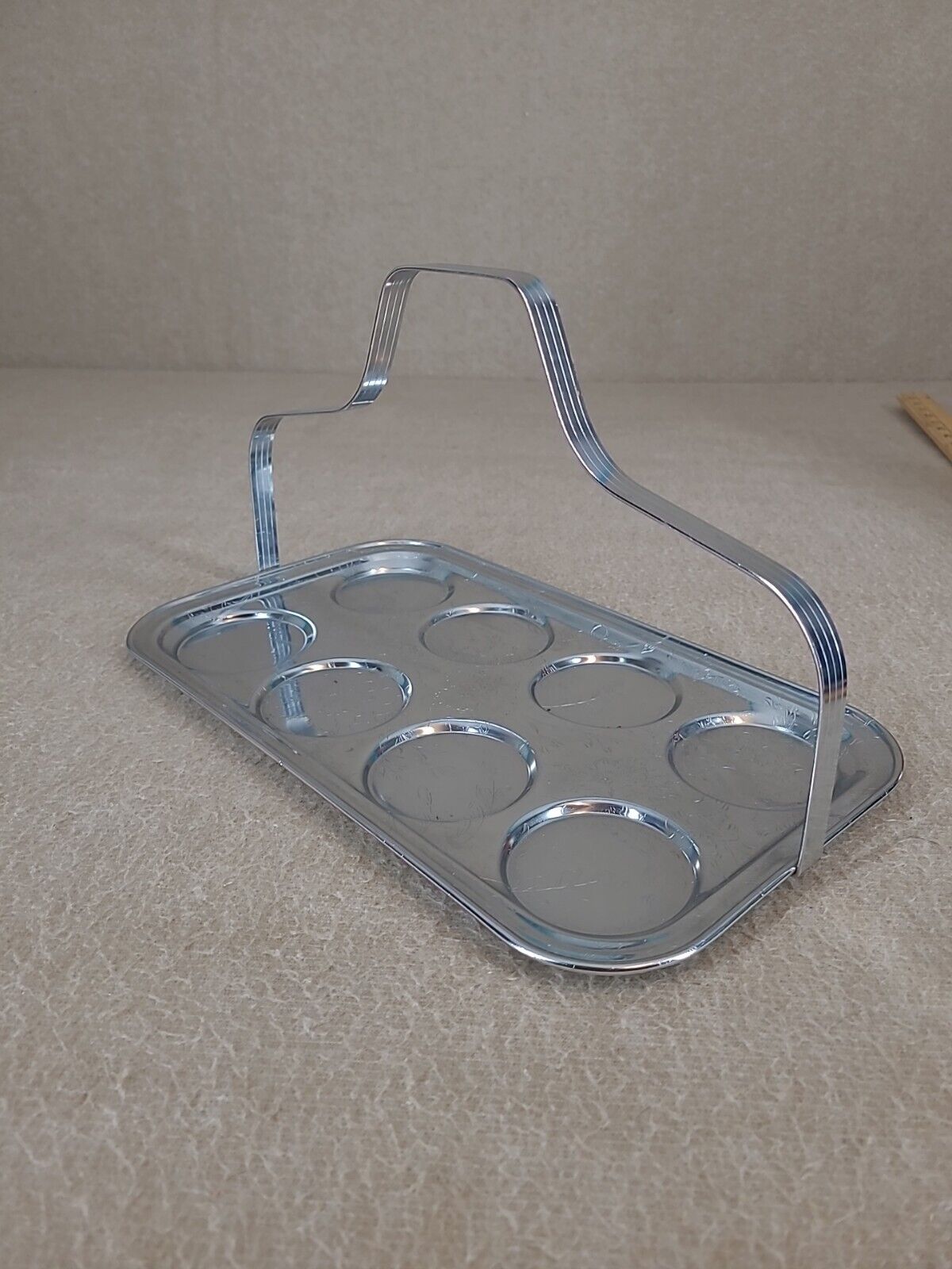 Vtg Deco Chrome Silver Tone Metal Caddy Cocktail Bar Drinking Glass Carrier MCM