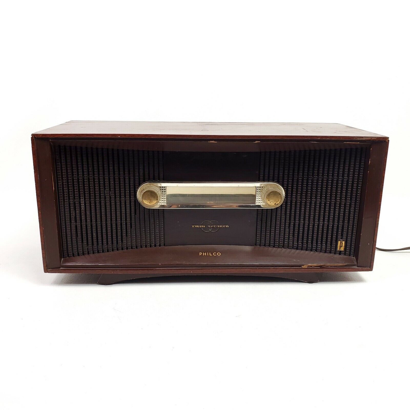 Philco Tube Radio Twin Speaker AM Vintage Phono Input Wood Cabinet Tested Works