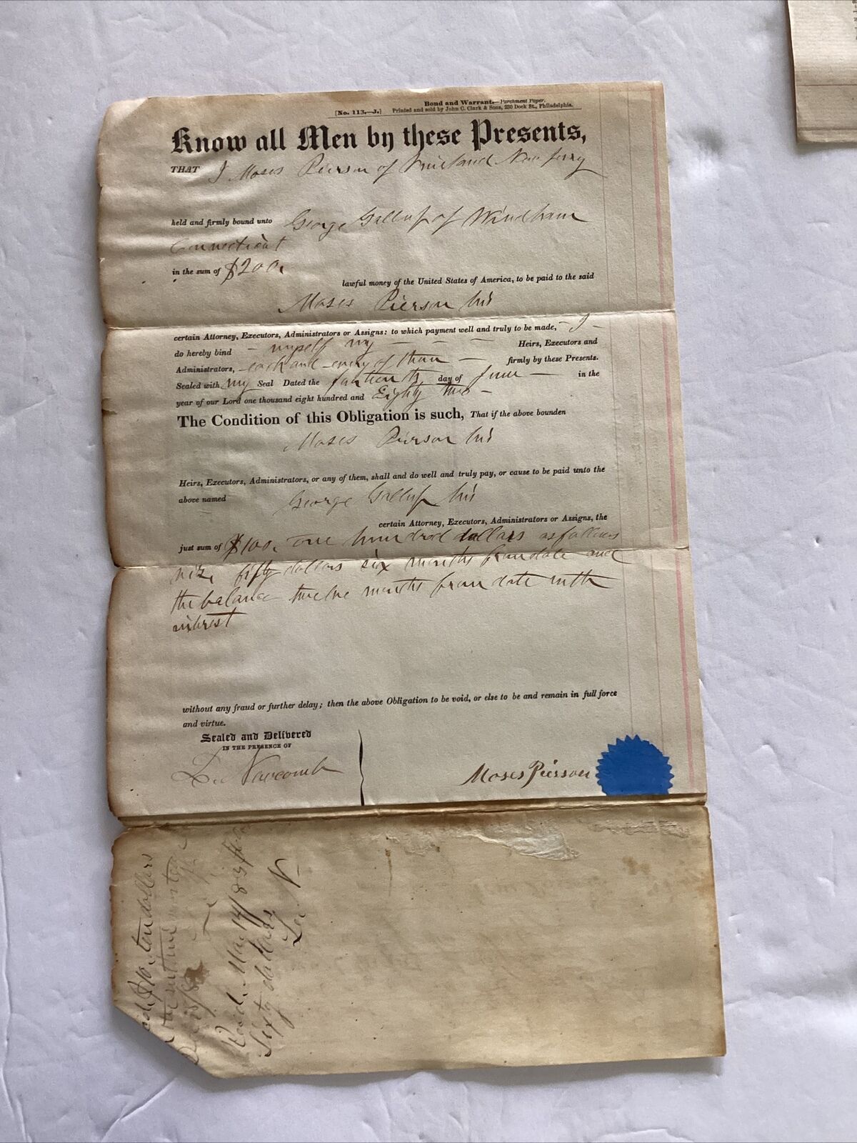 Indenture 1882 Moses Pierson George Gallup signed clerk FL Godfrey Cumberland NJ