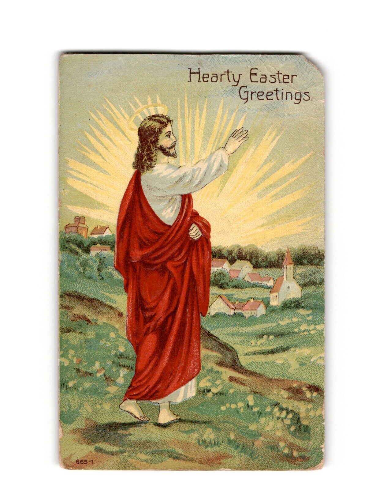 Antique Easter Postcard - Hearty Greetings, Jesus Christ, Mailed 1909, Vintage