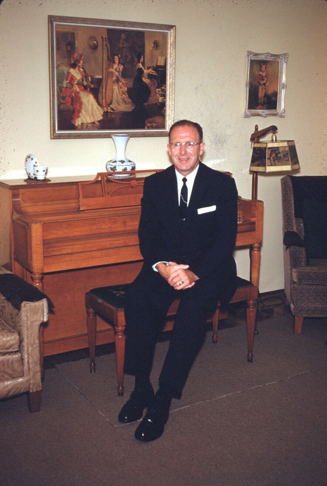 1961 Handsome Man Suit Piano Bench Portrait 60s Vintage 35mm Kodachrome Slide