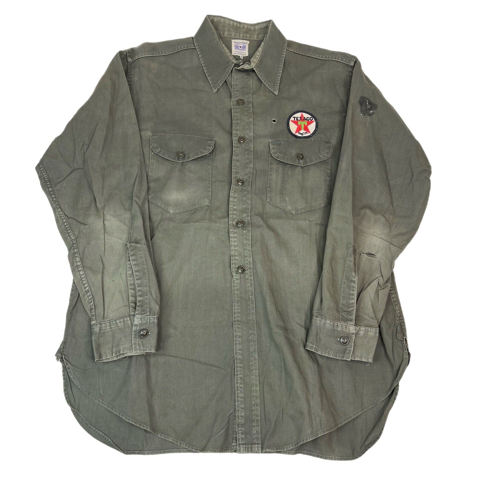 Vintage 1960\'s Sweet-Orr Texaco Gas Station Service Work Shirt Green Button Up L