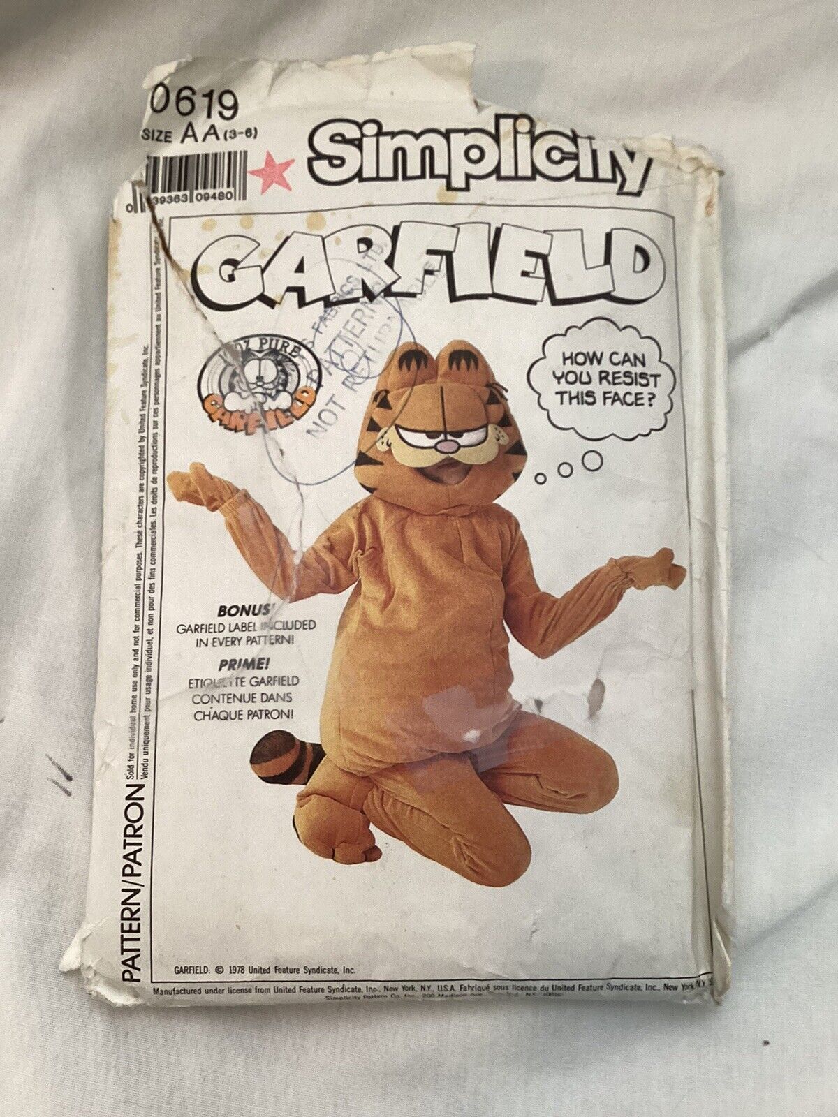 1978 Simplicity Child’s Garfield The Cat Costume Pattern Uncut SizeAA  3-6