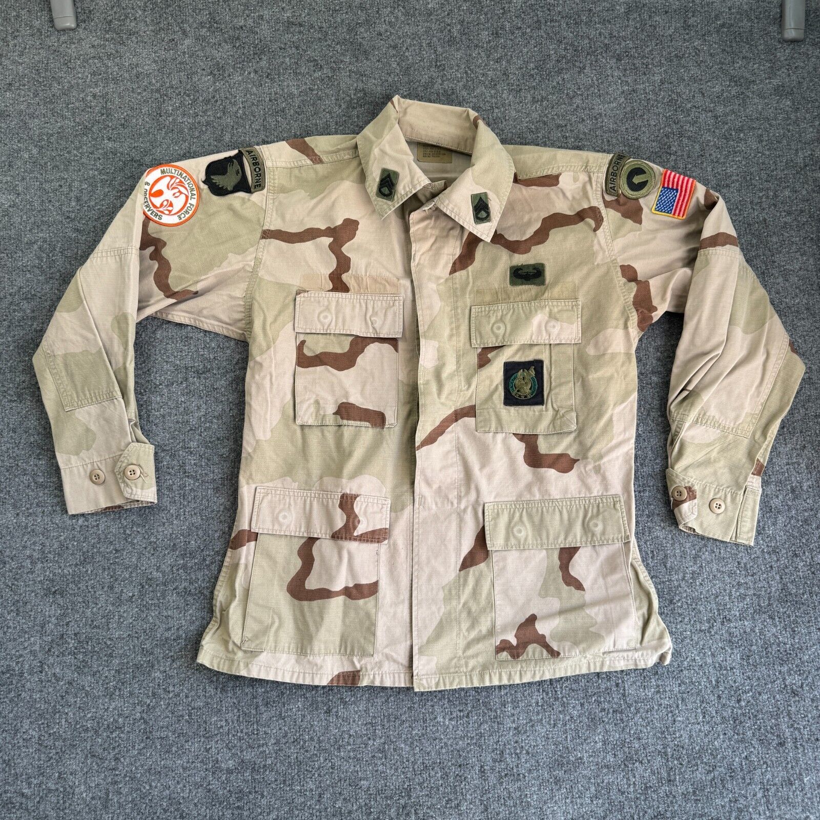 Army Desert Camouflage Combat Coat Medium Shirt Airborne Patches Vintage y2k