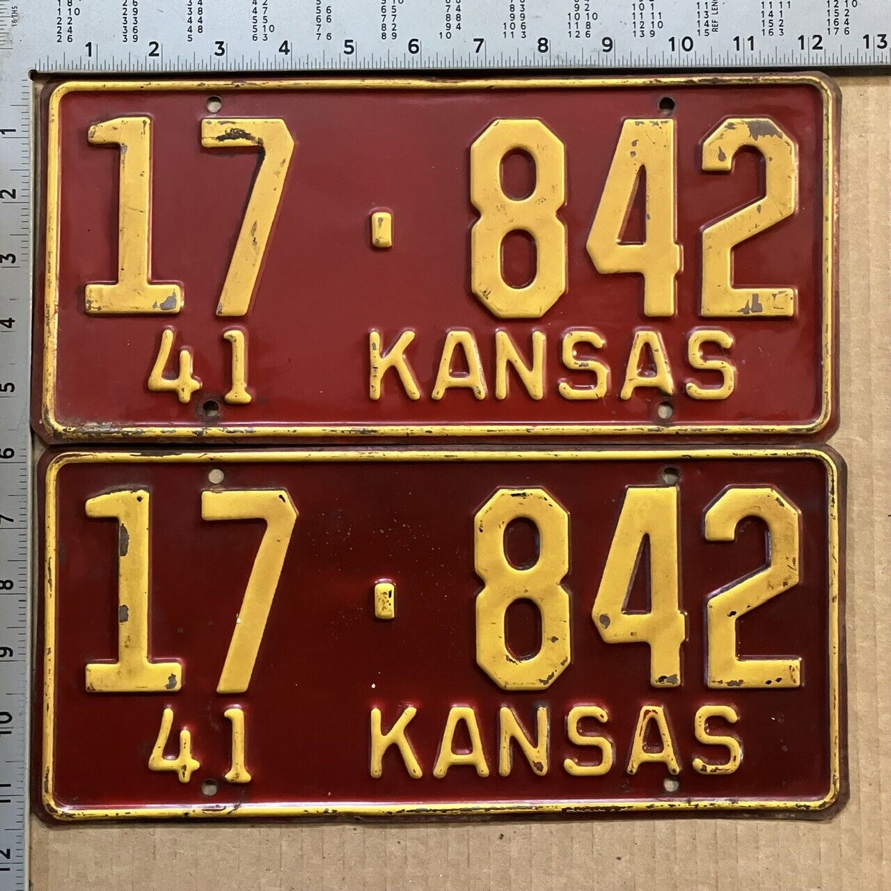 1941 Kansas license plate pair 17-842 YOM DMV Bourbon rare pre-war PAIR 10775