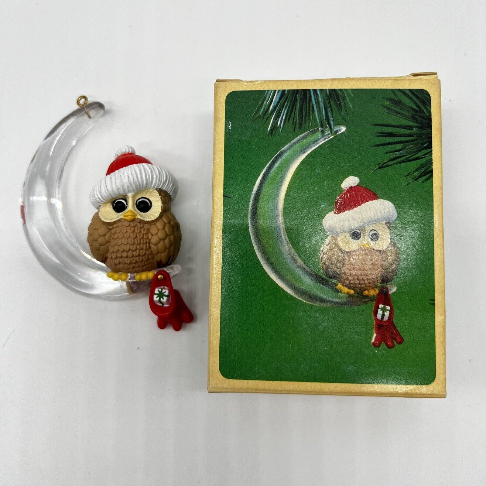 Vintage Hallmark Santa Owl on Half Moon Christmas Ornament 1984