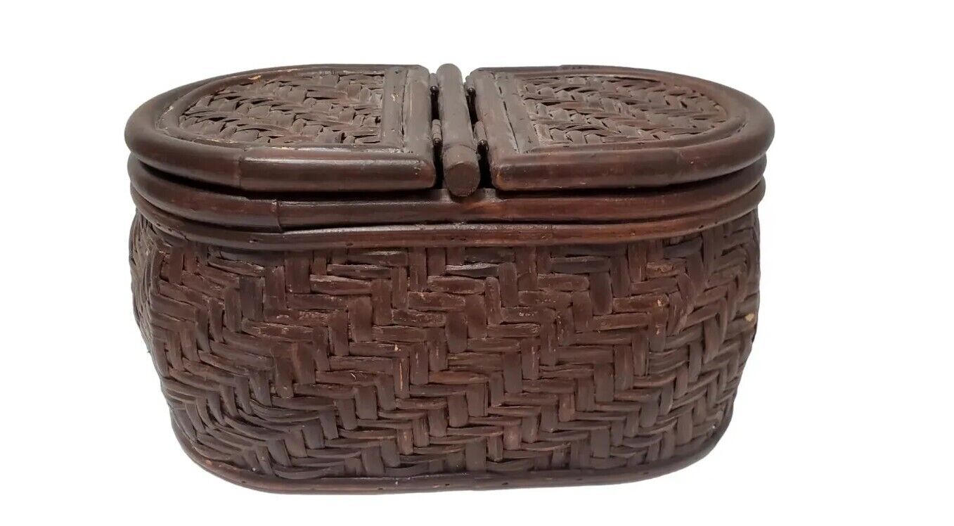 Oval Handwoven Wicker Utility  Basket Box w/  Dual Lid Dark Brown-Vintage RARE
