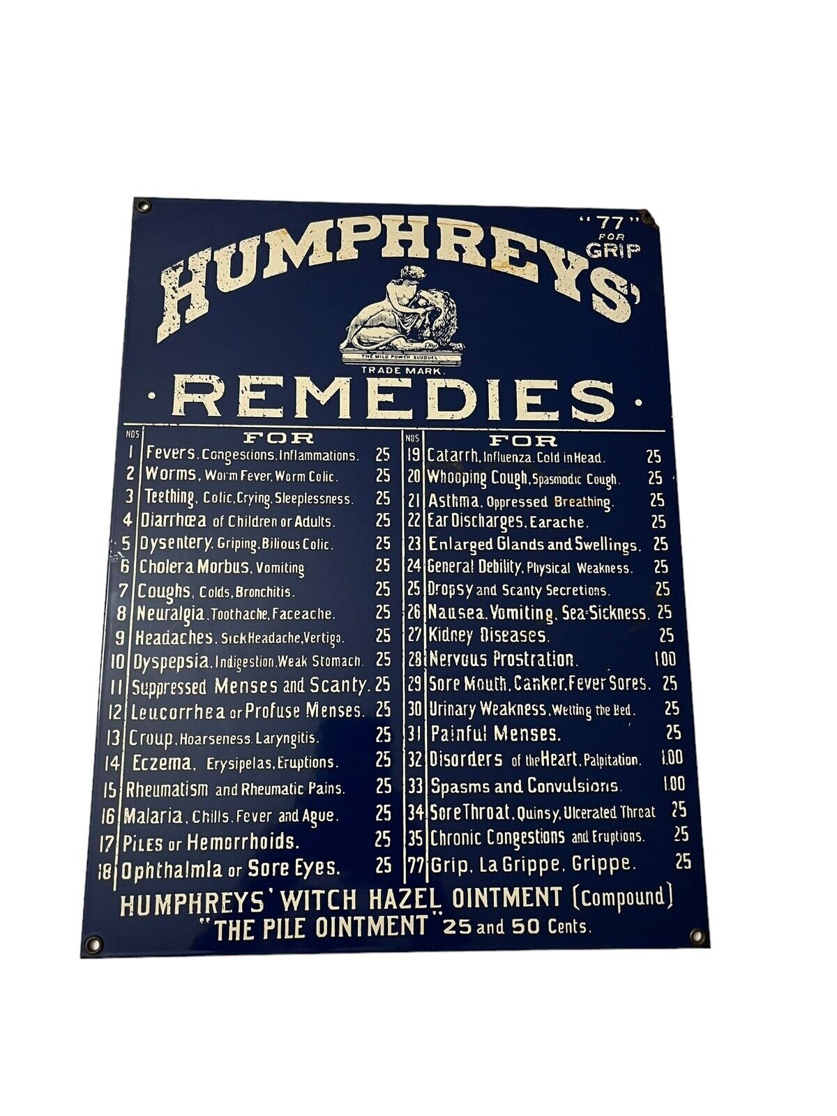 Vtg Humphreys\' Remedies Enamel Metal Advertising Sign 12” X 16” Made in US
