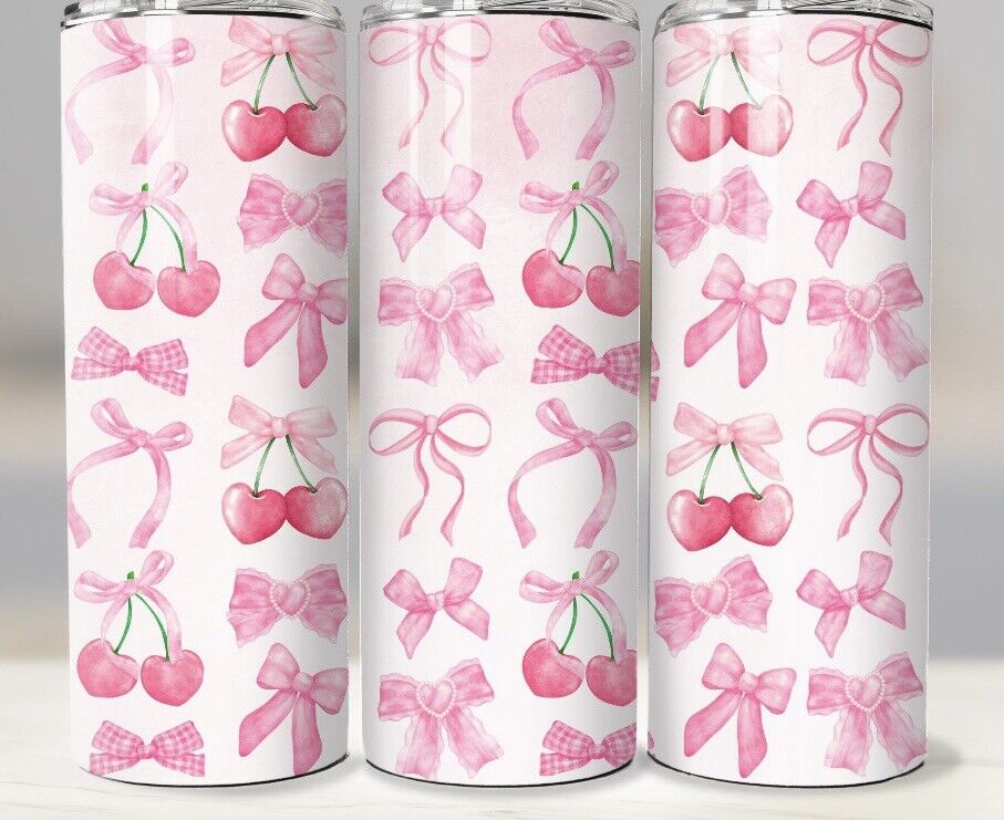 1pc New Stainless Steel 20oz Cute Cherry Bow Pink Coquette Tumbler Skinny Cup